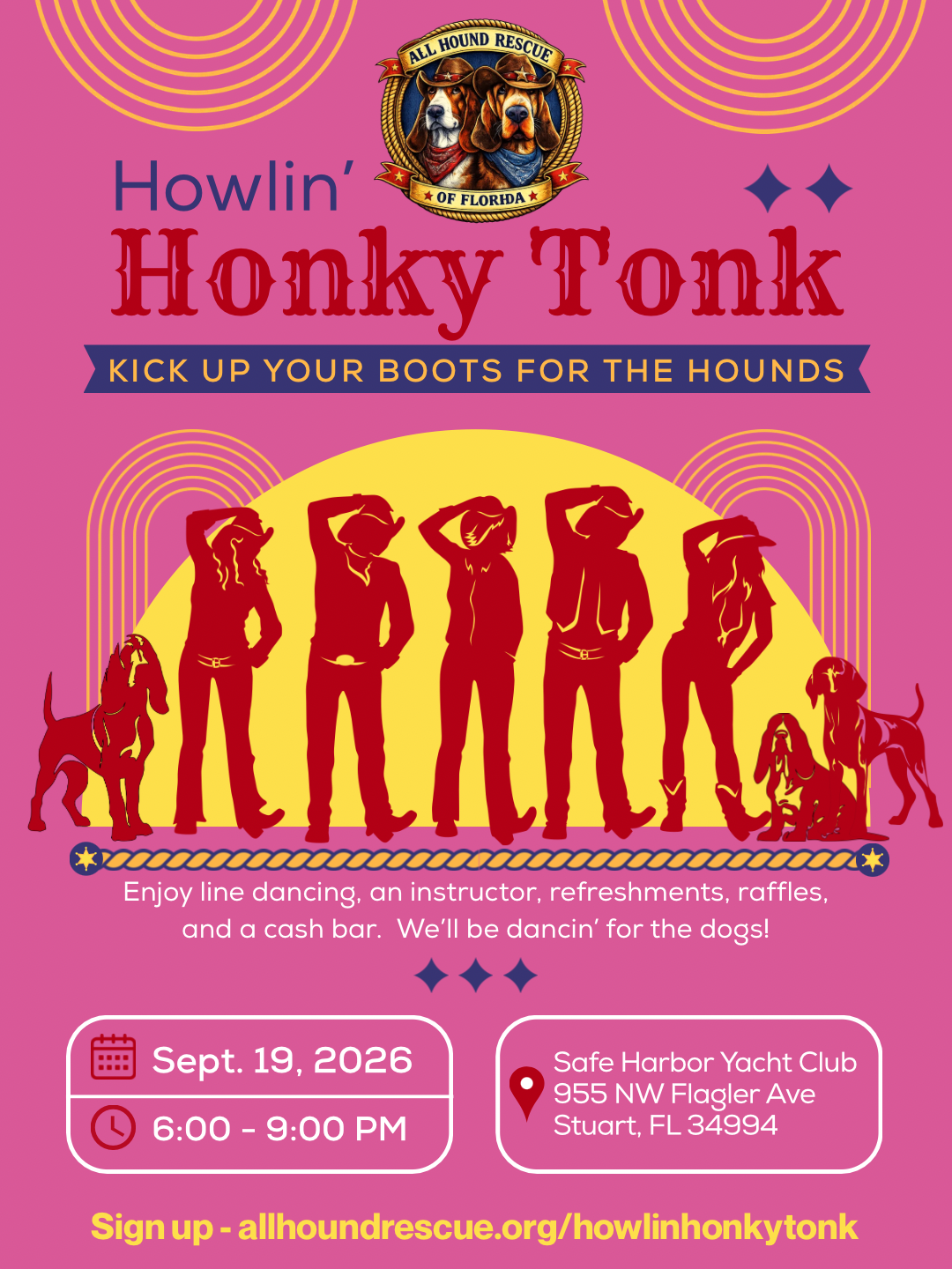 Howlin' Honky Tonk fundraiser flyer for September 19, 2026, at Safe Harbor Yacht Club in Stuart, Florida